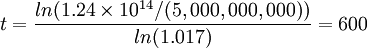 \!\, t = {ln(1.24\times 10^{14}/(5,000,000,000))\over ln(1.017)} = 600