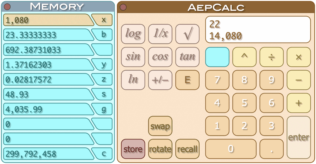 AepCalc — the RPN calculator with its memory panel of stored values and hotkeys