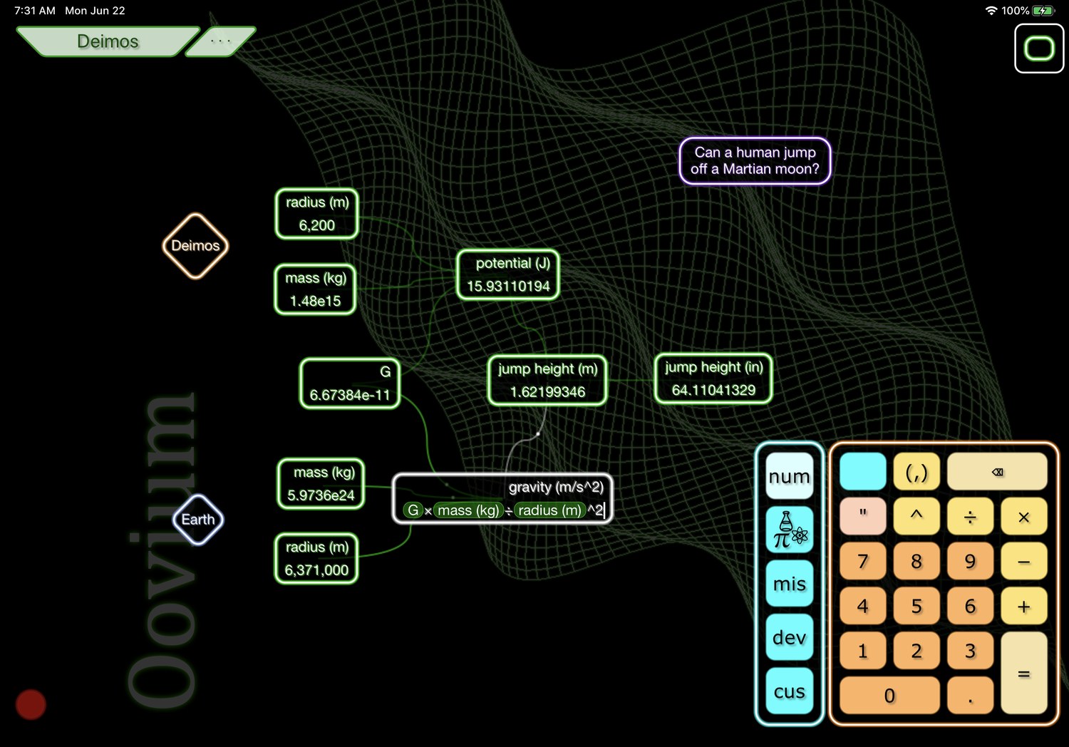 Oovium — a node-graph aether computing Martian jump height, with the calculator keypad